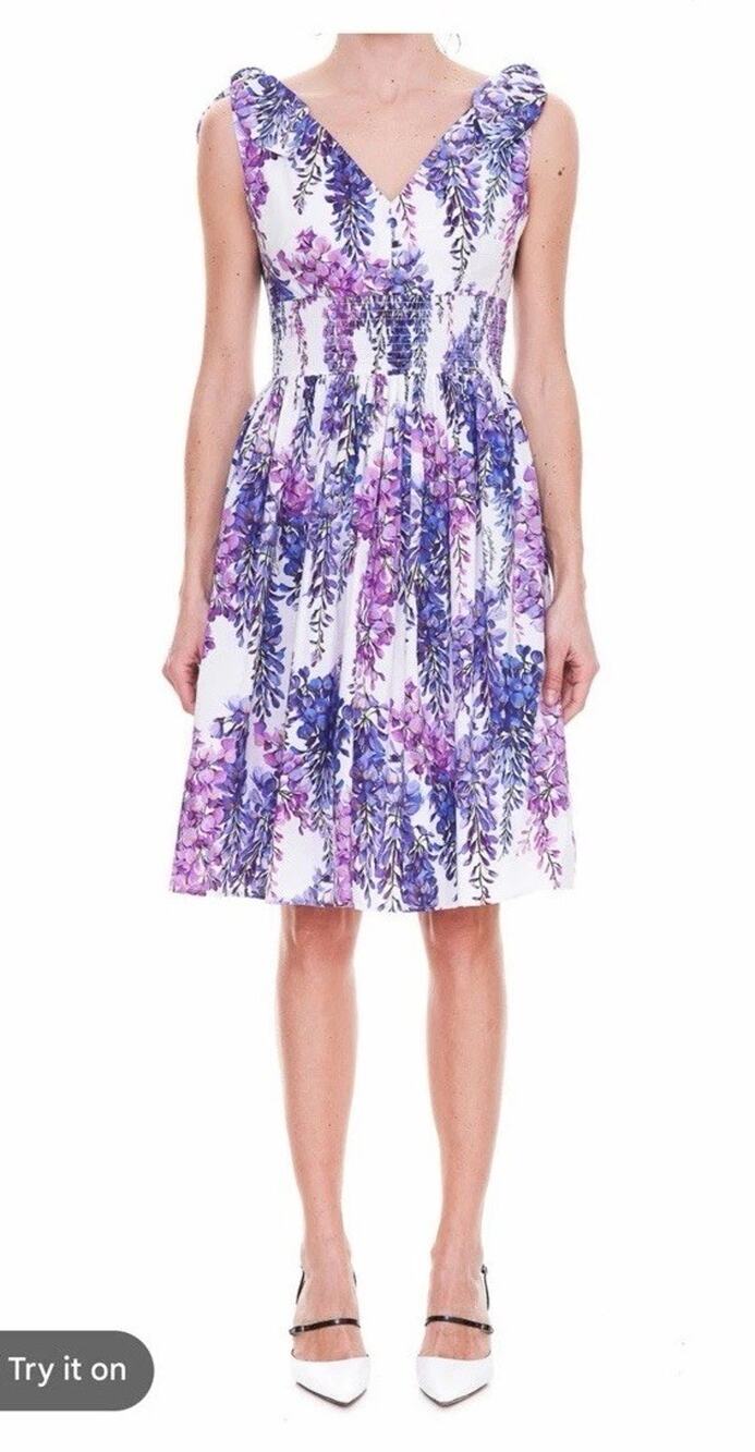 Dolce & Gabbana Wisteria-Print Poplin Midi Dress Cotton Sz 36 US 0/2 NEW $1426